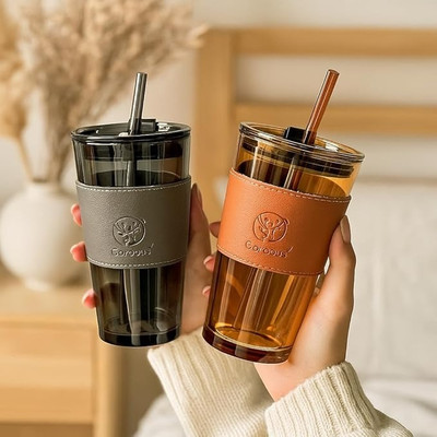 Miznhaus Glass Coffee Sipper Leather Sleeve Drinking Tumblers Glass Coffee Mug(400 ml)
