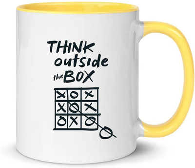 popflip Premium Quality Inner Color Yellow Think Out Of The Box Printed Ceramic Ceramic Coffee Mug(350 ml)