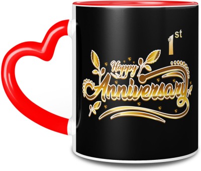 TrendoPrint Happy Anniversary Printed Heart Handle Cup For Friends & Loved Ones-HHMHA-01 Ceramic Coffee Mug(350 ml)