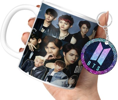 DojaBeauty By TrendoPrint Bts Cup with Keychain Bts Gift For Anyone on Any Occasion (DB-09) Ceramic Coffee Mug(350 ml, Pack of 2)