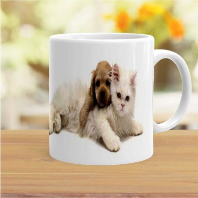 phlipcart Cat and Dog Theme Printed Ceramic Coffee Ceramic Coffee Mug(350 ml)