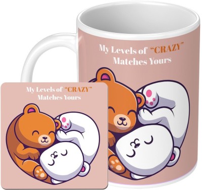 TrendoPrint (NW-327) My Levels Of Crazy Bear Printed 1(Cup +Coaster) Ceramic Coffee Mug(350 ml, Pack of 2)