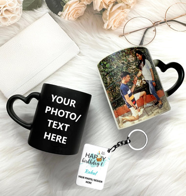 TheWhoop Heart Handle Magic Cup With Keychain Photo And Text Ceramic Coffee Mug(350 ml)