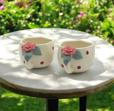 Earthystone Collections Handmade & Handcrafted Polka Dot 3D Rose Ceramic,for Anniversary Ceramic Coffee Mug(250 ml, Pack of 2)