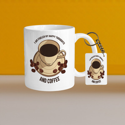 VM SHOPPING MALL Ceramic White Coffee-I have fuled my happy thoughts-With Rectangle Keychain Ceramic Coffee Mug(330 ml, Pack of 2)