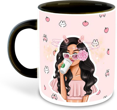 Daddy dream NEW-StylishGirlPaintingBlack-2191 Ceramic Coffee Mug(325 ml, Pack of 4)