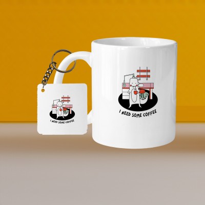 VM SHOPPING MALL Perfect for Coffee and Tea - With Keychain VM I Need Some Coffee L S Ceramic Coffee Mug(333 ml, Pack of 2)