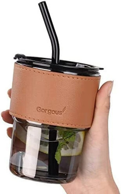 FORABH Gorgous Bamboo Glass Cup Black 400ml with Straw & Lid | Portable & Stylish Glass Tumbler(400 ml)