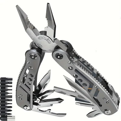 POXEFLIP Multi-function Plier Tools 24 in 1 Stainless Steel with 11 Screwdriver bits Multi Utility Plier(24 Tools, Silver)
