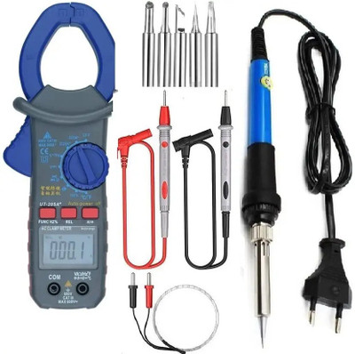 Techtest 8 in 1 Clamp Meter Ac Dc Digital with Probes Soldering Iron 60w 5 Iron Tips Digital Multimeter(Multicolor 6000 Counts)