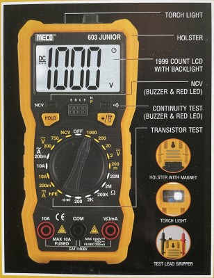 HTY Meco-603 Junior 3½ Digital Multimeter with Holster + Magnet,Backlight Digital Multimeter(4000 Counts)