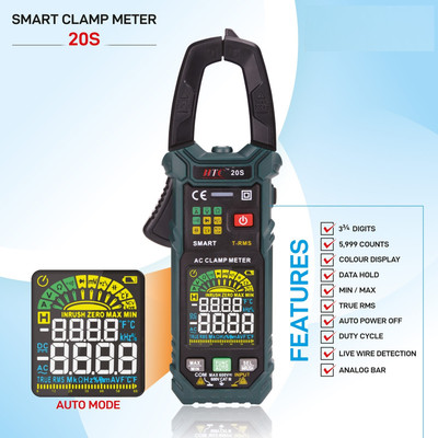 HTY HTC-20S 600A AC Smart Clamp Meter (T-RMS) with Frequency, AC/DC Voltage Digital Multimeter(Green 6000 Counts)