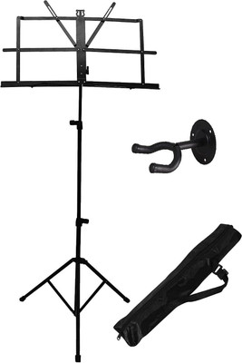 TechBlaze Adjustable Folding Notation Stand Black for Singers with Guitar Hanger Wall Mount Stand Combo and Light Weight Music Stand Clip Holder for Books, Notes, Violin, Lyrics with Carry Bag Notation Stand