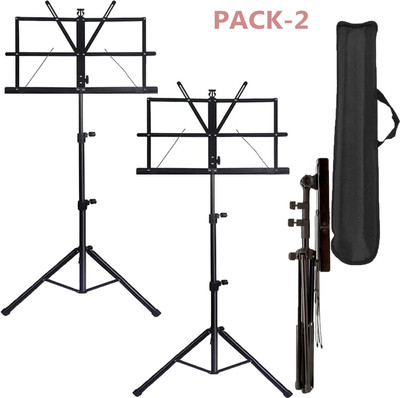 TechBlaze Pack of 2 Sheet Music Stand Holder/Portable Folding Music Stand Adjustable Light Weight Notation Stand with Music Sheet Clip Holder Tripod Base For Books, Notes, Violins, Lyrics Stand w/Carry Bag-Black Notation Stand