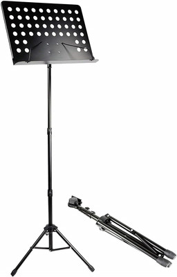Techtest Musical Instrument Music Sheet Stand for Singing Book Notes Holder Notation Singer Musicians, Adjustable Book/music Sheet Stand - 1.5 Inch Platform Tray, Heavy Duty Orchestral Sheet Music Stand Holder Height Adjustable Tripod Base, Black Folding Music Stand, Tripod Sheet Holder Adjustable F