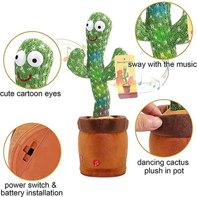 Toyvala Dancing Talking Cactus Plush Toy, Wriggle, Singing, Repeat What You Say-730(Green, Brown)