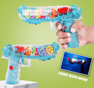 Toyporium Musical Transparent Gear Vibration Mechanical Gun Toys with Switching LED Flashing Lights and Sound Effects (Pack of 1 ) Multicolor(Multicolor)
