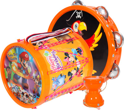 khushi enterprise Musical Khanjri(23.7x5cm), Damru(7x8.2cm) with Drum(17.4x17.8cm)(Orange)