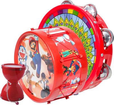 khushi enterprise Musical khanjari(23.7x5cm),Damru(7x8.2cm) with Drum(17.4x9.2cm)(Red)