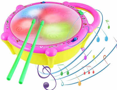 GoodsNet Flash Drum Set With Music and Lights Electronic Touch Flash Visual 3d Lights with 3 game mode & Dynamic Music Toy For Kids and for Return Gift (Yellow)(Yellow)