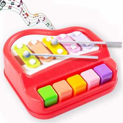 Little Finds 2 in 1 Mini Piano and Xylophone Toy with Colorful Keys & 2 Mallets(Red)
