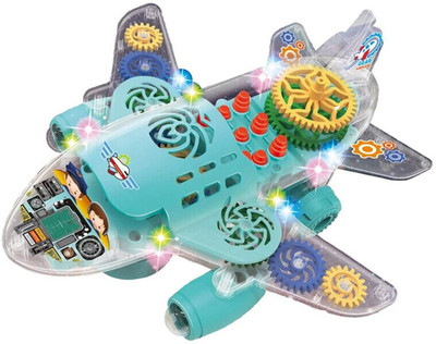 RAINBOW RIDERS Transparent Gear Plane Toy Flash Music Electric with 3D Colorful Lightning(Blue)
