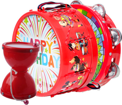 khushi enterprise Musical Khanjari(23.7x5cm), Damru(9.5x12.9cm) with Drum(20.3x10.7cm)(Red)