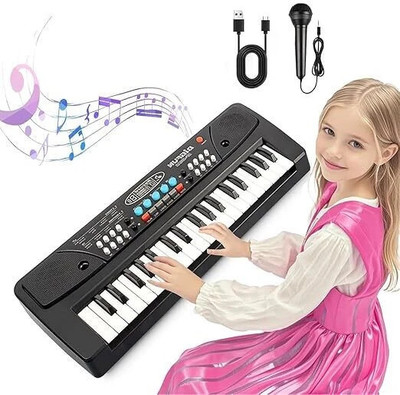 3 Jokers Piano Keyboard with 37 Keys Microphone dc Power Recording Musical Toy for Kids(Black)
