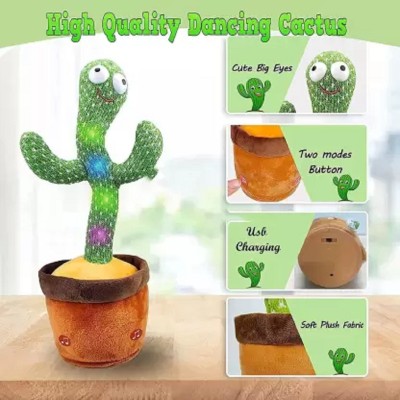 Kid Kraze Dancing Talking Cactus Plush Toy, Wriggle, Singing, Repeats What You Say-279(Green, Brown)