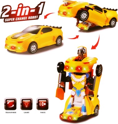 AZEENA 2in1 Robot Car Toy with Light & Sound for Kids, Robocar Action Figure, Best Gift(Yellow)