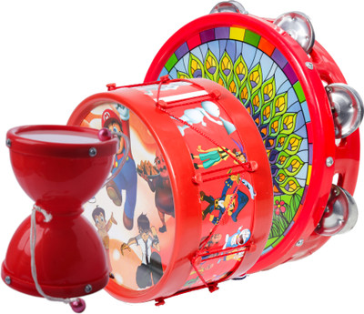 khushi enterprise Musical Khanjari(23.7x5cm), Damru(9.5x12.9cm) with Drum(17.4x9.2cm)(Red)