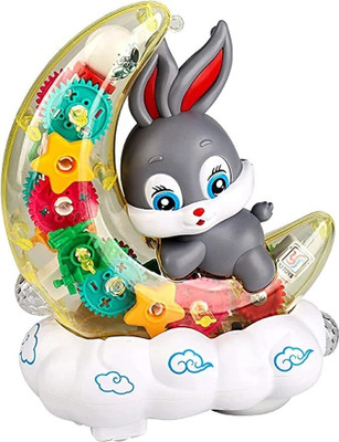 Space Age 360 Degree Rotating Gear Display Transparent Moon Rabbit Musical Toy for Kids(Multicolor)