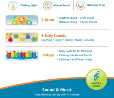 Tiny Tales Smiles Musical Drum Keyboard Toy with Flashing Lights Animal Sounds & Songs(Multicolor)