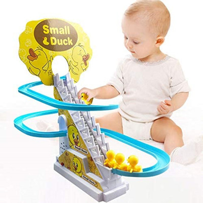QUXOZO Duck Slide Toy Set, Automatic Stair-Climbing Race Track Set, Lights & Musical(White, Yellow, Blue)