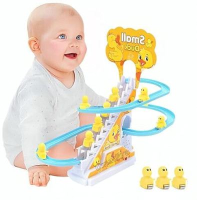 pixado Duck Slide Toy Set, Funny Automatic Stair-Climbing Ducklings Cartoon Race Track(Yellow)