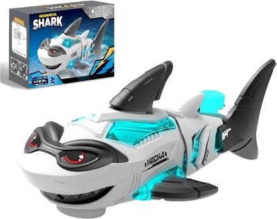 IndusBay Battery Operated Mechanical Shark Toy Light Sound Bump and Go Shark Fish Toy(White)