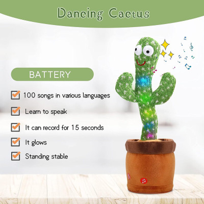 Haulsale Dancing Talking Cactus Plush Toy, Wriggle, Singing, Repeats What You Say-1029(Green, Brown)