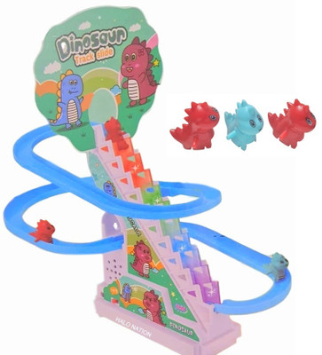 HALO NATION Dino Escalator Slide Stair Climbing Dino Cartoon Dinosaur Track Light Music Toy(Multicolor)