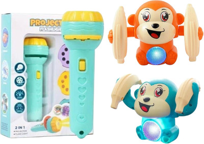 wishhuttoys Dancing Spinning Rolling Banana Monkey & Flashlight Projector Slide Torch Set(Multicolor)