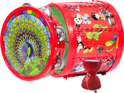 khushi enterprise Musical Khanjari(23.7x5cm), Damru(7x8.2cm) with Drum(22.3x16.9cm)(Red)