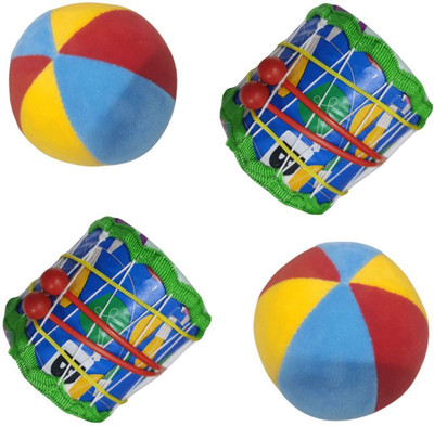 ATISHAY RETAIL 2 Drum with Sticks & 2 Soft Ball Toys Combo for Kids| Combo 4 Pcs | Age-6 Month+(Multicolor)