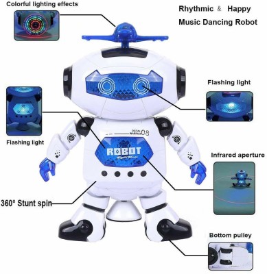 GoBaby 360 Degree Rotation Dancing Toy Robot with 3D Flash Lights and Music for Kids(White)