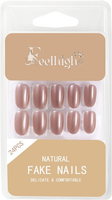 feelhigh 24 Stick On Natural Fake Nails , WaterProof, Press On Nails Short Press(Shade 18)
