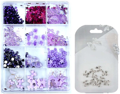 Scheibe Combo Pack of Purple Nail Art Grid and 10 pcs Silver bow(Multicolor)