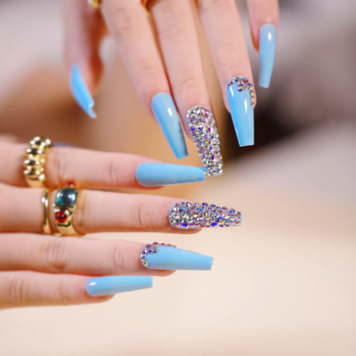 HEAVEN 24pc Set Of Extra Long French Artificial Nails With Stone(sky blue)