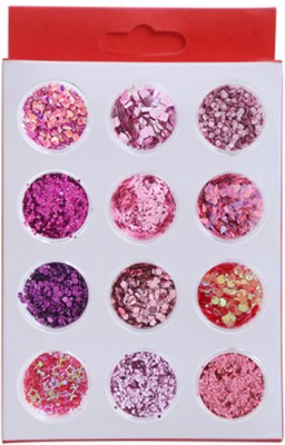 DESI Butik Set Of 12 Pink Sequins, glitters and Rhinestones for Nail Art(Pink)