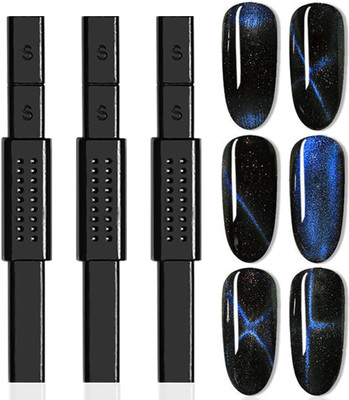 NYLI Professional 3Pcs CatEye Hammer Magnet for Nail Magnetic Gel Nail Polish Double-Head Magnet.(Black)