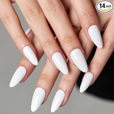 BellaHugz Press-On, Long Almond White, Glossy Finish, With Free Glue Kit(White)