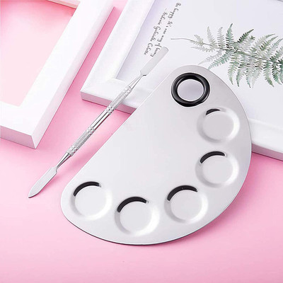 Gleevia Stainless Steel Cosmetic 5 Dip Makeup Mixing Plate with Spatula Tool(Silver)