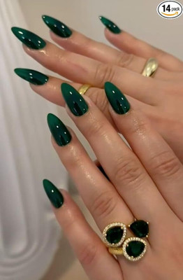 BellaHugz Press-On,Forest Green Long Almond Glossy Finish,With Free Glue Kit(Dark Green)